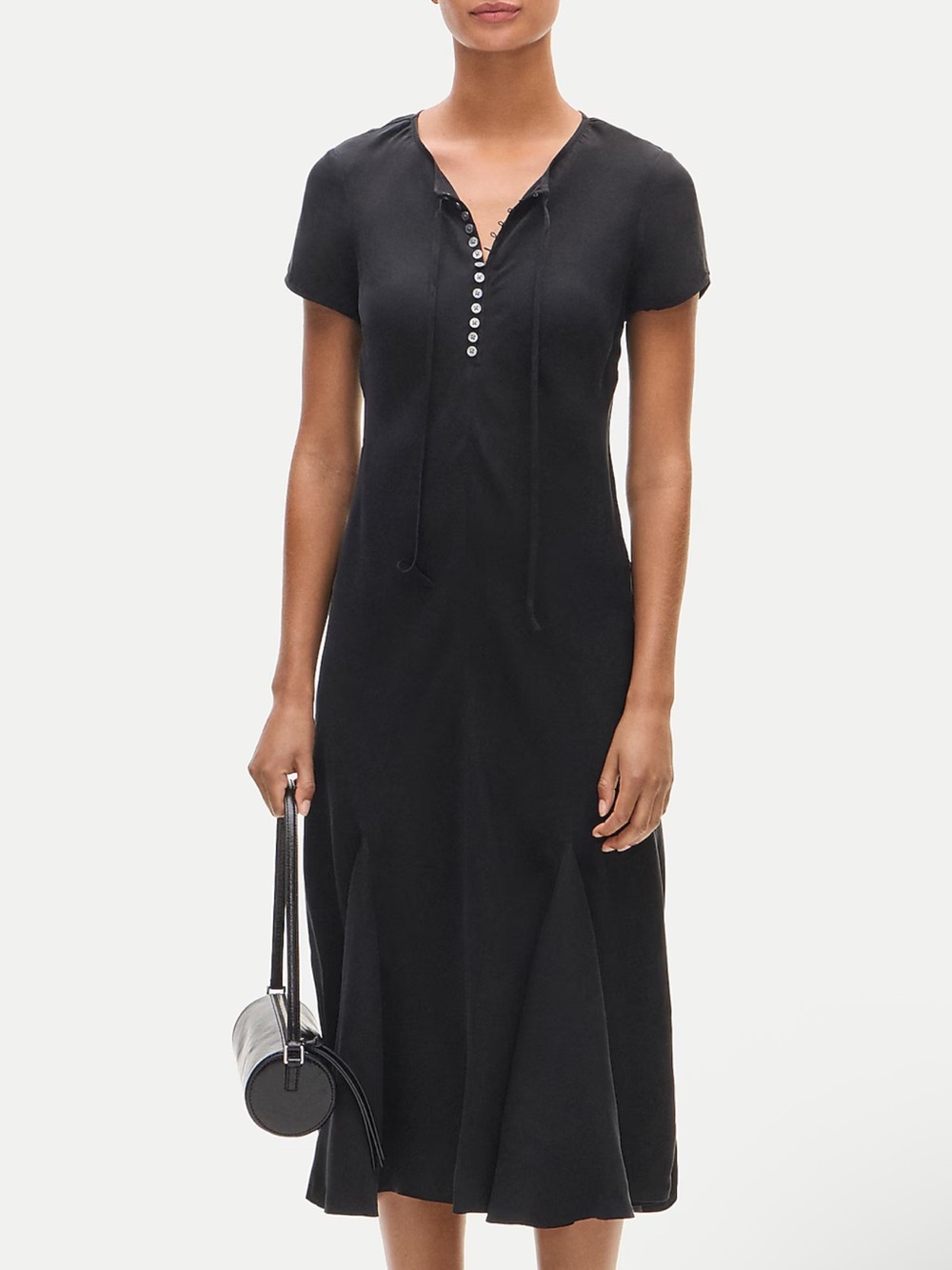 J. Crew Black Short-Sleeve Midi Dress with Button Placket